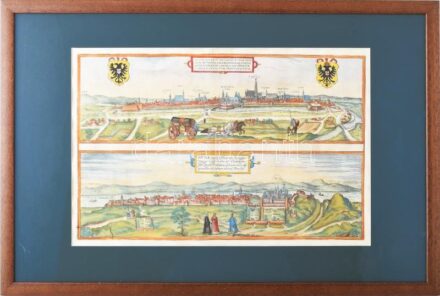 Buda és Bécs látképe közös lapon. (Felül): Vienna Austriae Metropolis, ... + (Alul): Buda vulgo Ofen... Megjelent: Braun, G. - Hogenberg, F.: Civitates orbis terrarum. Köln, 1572, Színezett rézmetszet, bal alsó sarkán egy kis rész igényesen pótolt, Igénye