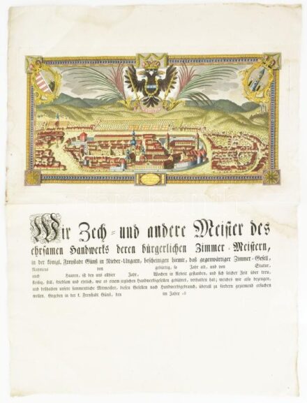 cca 1800 Kőszeg látképe mesterlevélen. Carl Schubert rajza után metszette Alois Adam.. Felül, az osztrák címer alatt: Kön. Fr. St. Günsz. Színezett rézmetszet. A kép mérete 42x21 cm lapméret 48x64 cm Folttal
