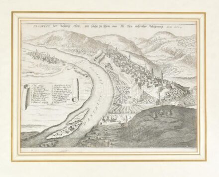 1691 ,,Prospect der Vestung Ofen, wie solche zu sehen von Alt Ofen wehrender Belägerung Anno 1684." Buda és Pest madártávlati képe észak felől a Hármashatár hegy irányból. Megjelent: Matthäus Merian (1621-1687):,,Theatri Europaei Continuati zwölfter theil