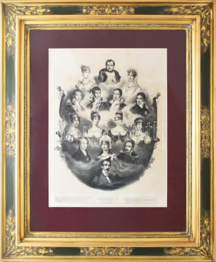 Napóleon és családja (Napoléon Ier empereur des français et sa famille). XIX. sz.. Litográfia, papír, jelzés nélkül. Javított szakadásokkal. Üvegezett, dekoratív fakeretben. 64x47 cm / Napoleon and his family. 19th century. Lithograph on paper, Framed. 64