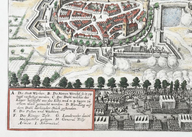 Merian, Matthäus: Eigentliche Abbildung des Königlichen Schwedischen Veldlagers bey Werben an der Elbe Anno 1631. A svéd csapatok Werbennél Színezett rézmetszet. restaurált / Colored engraving with fold mark - Image 2