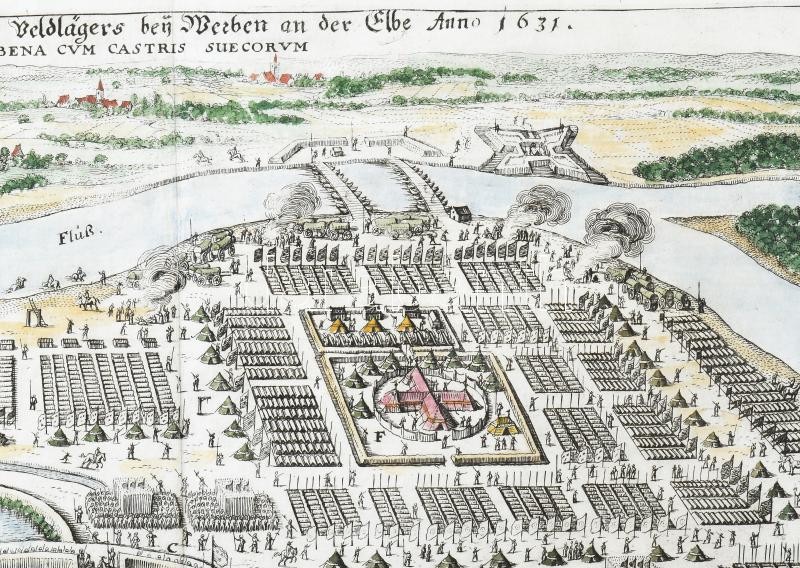 Merian, Matthäus: Eigentliche Abbildung des Königlichen Schwedischen Veldlagers bey Werben an der Elbe Anno 1631. A svéd csapatok Werbennél Színezett rézmetszet. restaurált / Colored engraving with fold mark - Image 3