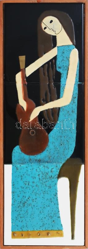 Bolbáné Szeles Magda (1935-2020): Gitározó nő. 3 darab csempére festett zománckép, alsó csempe repedt. Zsűrizett, 45x15 cm