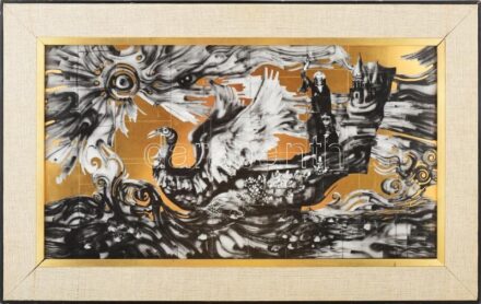 Hollóházi Szász Endre (1926-2003): Békehajó- A Hilton hotelben található eredeti falfestményről készült limitált szériás porcelán falikép. Jelzett, sorszámozott 200/32. Kép mérete 58x32 cm Aranyozott, vászonbetétes fa keretben. Keret külső mérete 70x44