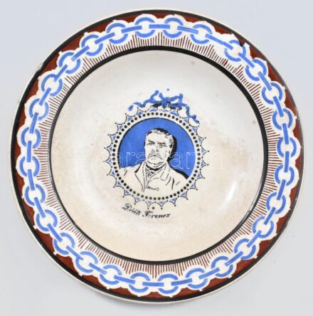 Nowotny Altrohlau manufaktúra: Deák Ferencz falitányér. Cca 19. sz. vége, fajansz, masszába nyomott jelzéssel, mázrepedéssel, repedésvonallal, d: 23,5 cm