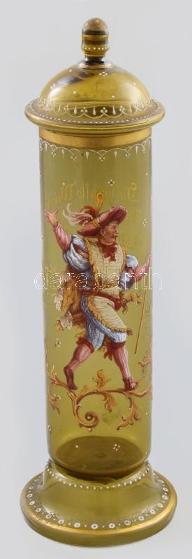 Díszüveg fedeles kínáló. Kézzel festett, cca 1870. Humoros német nyelvű szöveggel. Alján feszültségi repedés 39 cm / German decor glass bowl. Hand painted 39 cm