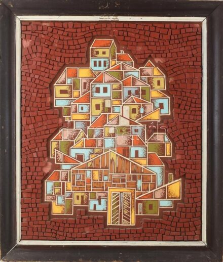 Hegyi György (1922-2002): Napos tengerpart. Olaj, mozaik, farost. Hátoldalán jelzett és Vizualart Alkotóközösség címkéjével. Néhány kevés mozaik hiánnyal. Fakeretben, 60×50 cm