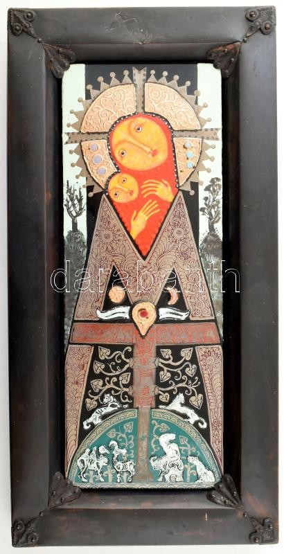 Ifj. Kátai Mihály (1935-2020): Mária a kisdeddel. Tűzzománc kép, hozzáillő bronzlemezzel fedett keretben, 42x16 cm / Ifj. Kátai Mihály (1935-2020): Mary with the Infant. Cloisonné enamel painting, framed with matching bronze plated frame, 42x16