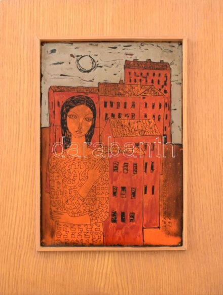 Lőrincz Vitus (1933): Modern lány. 1968. Tűzzománc. Jelzett 29x20 cm Fa keretben