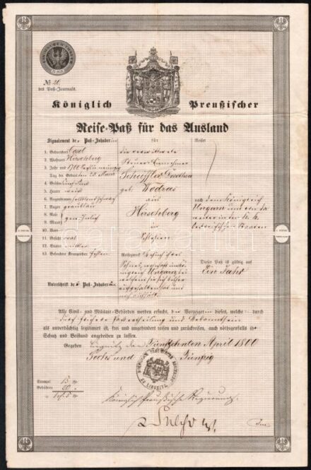 1800 Königlich Preussischer Reise-Pass für das Ausland / Porosz Királyság, útlevél külföldre, hajtásnyomokkal 38x24,5 cm / Kingdom of Prussia, passport (Reisepass)