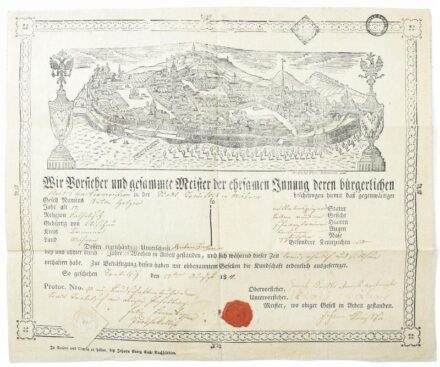 1811 Bruno (Brünn) morva város képével illusztrált, nagyméretű, Trebic-i (Trebitsch) mészáros részére kiállított német nyelvű céhlevél, jelzett a dúcon: Brünn bei Stph. Kohlneder, 1808., viaszpecséttel, és papírfelzetes viaszpecséttel, hajtott, 37x44