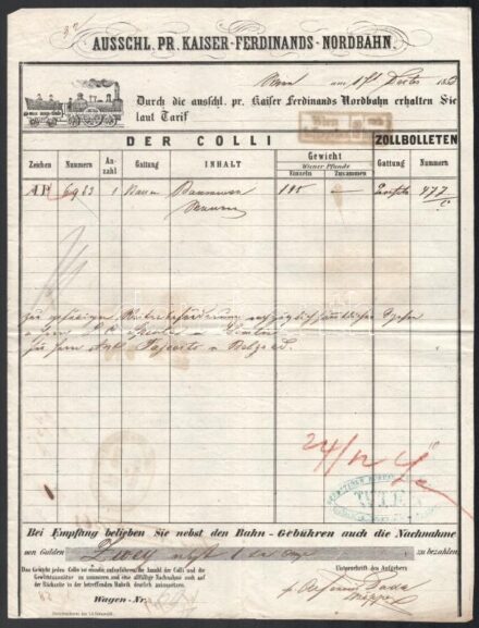1853 Ausschl. Pr. Kaiser-Ferdinands-Nordbahn vasúti fuvarlevél