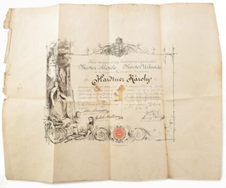 1877 Pozsony, a Felsőmagyarországi kéményseprő ipartársulat mesterlevele Hardtner Károly részére. Dekoratív, litografált oklevél. Lith. v. W. Zoeller & Neufeld, Wien. Hajtott, lapszéli sérülésekkel, foltos, 58,5x45,5 cm / Bratislava, Pressburg, chimney sw