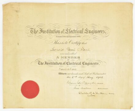 1902 Stark Lipót (1866-1932) gépészmérnök, erőműtervező, technikatörténész, a vezetékszámítás hazai úttörője; a Magyar Villamosművek Országos Szövetségének alapítója, és elnöke. Az Elektromos Művek első vezérigazgatója részére szóló oklevél, amely a