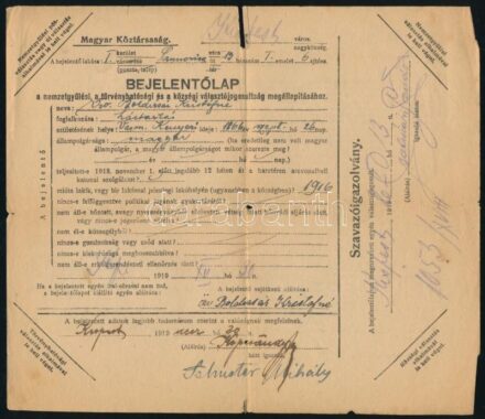 1919 Kispest, Magyar Köztársaság választási bejelentőlapja, 1919. dec. 30.