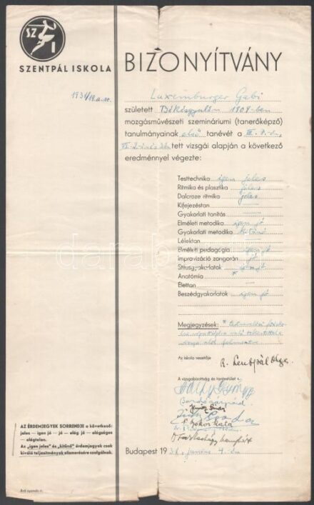 1930-1931 Szentpál-Iskola mozgásművészeti szemináriumi (tanárképző) 1. éves bizonyítványa (1931) és parterre-torna és atlétika tanítására szóló alkalmazási okmánya (1930.) Az iskola fejléces papírjain, aláírásokkal, az elsőn Szentpál Olga (1895-1968)