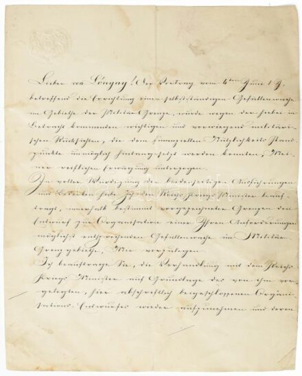 1868 Ferenc József (1830-1916) király levele Lónyay Menyhért (1822-1884) pénzügyminiszterhez. A levélben a katonai Határőrvidék közigazgatásával kapcsolatos lépésekben egyeztetnek. A Határőrvidék a Magyar Királyság területén belül kialakított, de közvetle