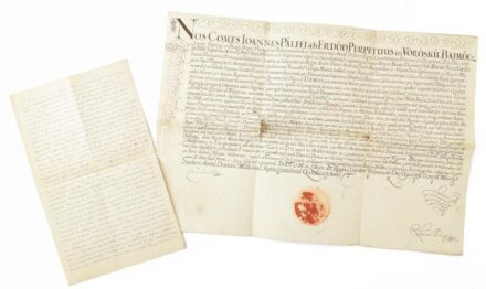 1740 gróf Pálffy János (1664-1751) nádor adománylevele Vásonyi Kovács György részére a Somogy megyei Remete puszta birtokról. Latin nyelven, a nádor és Palugyay Leonard titkár autográf aláírásával hozzá mellékelve a szöveg XIX. sz-i magyar