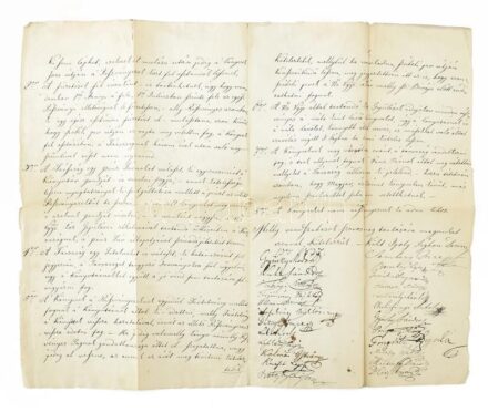 1837 Ipolyság, A Honthi Olvasó Társaság alapszabályai, 1837. dec. 13., hajtott, kissé foltos, kis sérülésekkel, 2 sztl. lev, 3 beírt oldal. Rajta sok aláírással, közte: Luka Sándor (1802-1872) ,,első alispán, 1842-ben a váltófeltörvényszék bírájává nevezt