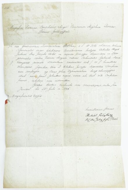 1846 Fekésházy Mihály (?-1848) tokaji uradalmi ügyvéd (Fekésházy-alapítvány) levele Pestre, Báró Eötvös József (1813-1871) jogász, író részére hivatali ügyben, latin nyelven, autográf aláírásával.