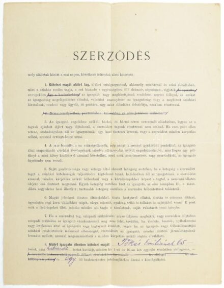 1879 Tőkés Emília (1835-1911) színésznő, az 1860-as évek egyik legismertebb, legkedveltebb vidéki színésznőjének pécsi színházi szerződése, autográf aláírásával, 1879. március. 12., hajtásnyommal.