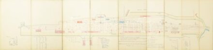 cca 1880-1900 Kassai vasútállomás helyszínrajza (Situation des Stationsplatzes Kaschau), kézzel rajzolt (tus, akvarell), karton táblákon, német nyelvű feliratokkal és jelmagyarázattal, többek közt a kassa-oderbergi vasútra vonatkozóan; 1:1000, néhány lapo