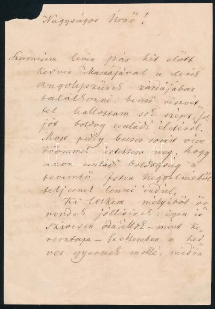 1882 Haynald Lajos (1816-1891) kalocsai bíboros érsek, korábban erdélyi püspök, botanikus saját kézzel írt levele ismeretlen részére, a lapok felső részén szöveget nem érintő hiánnyal, az utolsó lapon sérülésekkel, autográf aláírással, 2,5 beírt oldal, 2