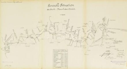 cca 1890 Marosludas-besztercei (erdélyi) helyi érdekű vasút vonaltérképe (Generelle Situation der Strecke: Marosludas-Bistritz), korabeli sokszorosítás, a térkép alatt táblázatban az állomások neveivel, Marosludas-besztercei (erdélyi) Helyi Érdekű Vasút R