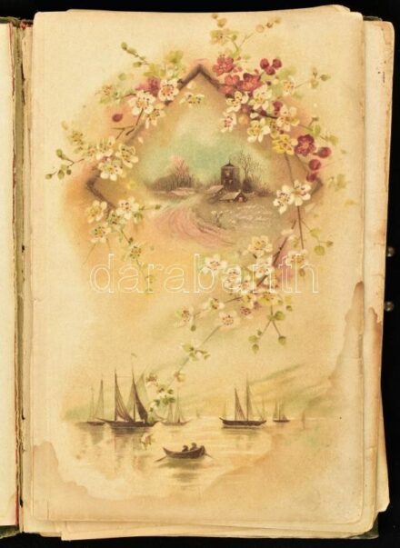 1894-1898 Vánki Viola (1879-1961) székelyudvarhelyi lány emlékkönyve, benne számos érdekes bejegyzéssel, rajzokkal, 4 litografált táblával, a bejegyzéseket szatmári, temesvári, aradi, szegedi, és székelyudvarhelyi személyek jegyezték az emlékkönyvbe. Dísz