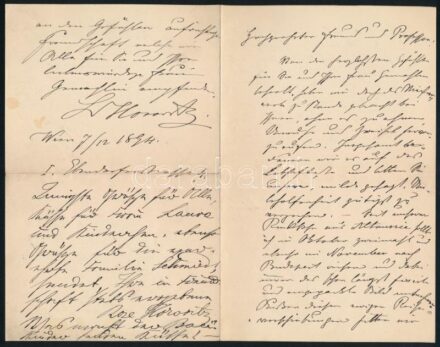 1894 Bécs, Horovitz Lipót (1838-1917) felvidéki zsidó családból származó festőművész saját kézzel írt német nyelvű levele,saját kezű aláírásával, a végén a felesége soraival, 4 beírt oldal.