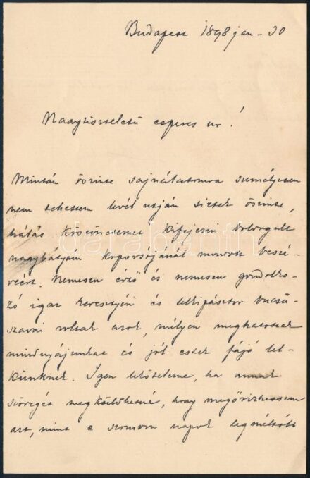 1898 gróf Tisza István (1861-1918) miniszterelnök autográf levele Szél Kálmán nagyszalontai esperesnek melyben kifjezi köszönetét Tisza Lajos (1832-1898) miniszter sírjánál mondott szép beszédért. Kettő kézzel beírt oldal