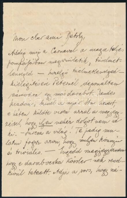 1899 Szirmay Albert (1880-1937) zeneszerző autográf levele "Mon cher ami Détshy" megszólítással humoros hangnemben, frissen írt darabjáról ír. Kettő beírt oldal