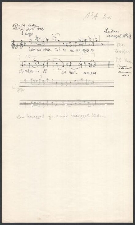 Kodály Zoltán (1882-1967) zeneszerző autográf népdallejegyzése: Kalmük dal, autográf feljegyzésekkel. Amikor Kodály vizsgálni kezdte a rokonságot a magyar és uráli területek népzenéje között, a kutatás alapjául szolgáló népdalokról lejegyzést készített. J