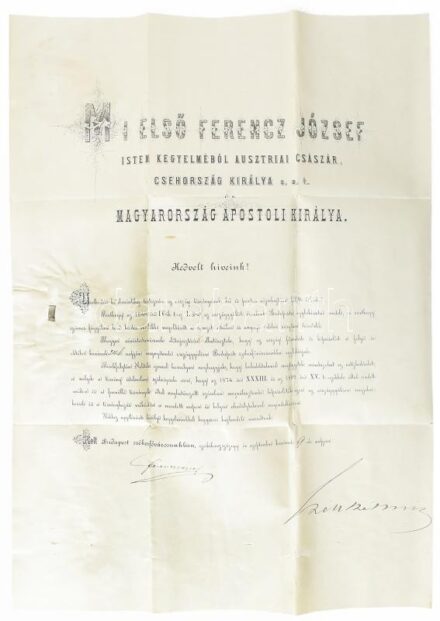 1901 Országgyűlési meghívó. Ferenc József (1830-1916) király és Széll Kálmán (1843-1915) miniszterelnök által autográf aláírt meghívó az 1910. évi Országgyűlésre Szatmárnémeti városa részére. Papírfelzetes viaszpecséttel, hajtva. / Invitation for the Nati