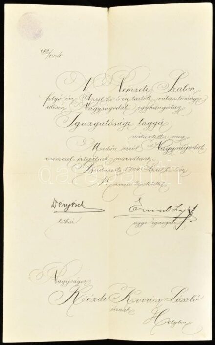 1904 A Nemzeti Szalon igazgatósági taggá választásról értesítő levél Kézdi-Kovács László (1864-1942) festőművész, műkritikus részére Ernst Lajos és Déry Béla (1870 - 1932) festőművész autográf aláírásával