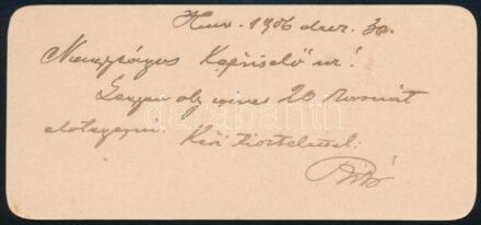 1906 Barátosi Bibó Lajos (1864-1913) író, lapszerkesztő, a "Vásárhely és Vidéke" politikai napilap szerkesztőjének sajátkezű sorai, aláírásával, névjegykártyáján.