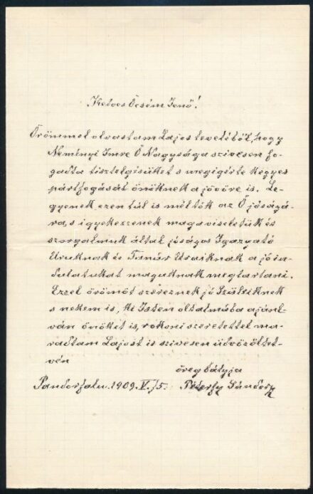 1909 Péterfy Sándor nyelvész saját kezű levele és borítékja
