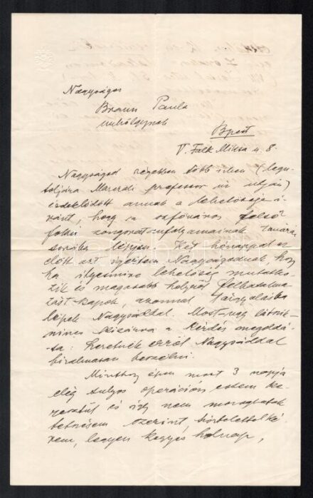 cca 1910 Kacsóh Pongrácz (1873-1923) zeneszerző autográf levele Braun Paula (1881-1962) zongoraművésznőnek. A levélben a székesfővárosi zongoratanfolyam tanárának jelentkező Braunnal tudatja, hogy most lehet alkalmas a belépése és ennek ügyében lakására h