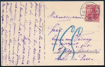 1913 Lina Schmalhausen (1864-1928) Liszt Ferenc házvezetőnője, zongorista saját kézzel írt és aláírt német nyelvű képeslapja Vadnay Emma írónőnek / 1913 Lina Schmalhausen (1864-1928) handwritten and signed postcard in German, sent to Vadnay Emma, a writer