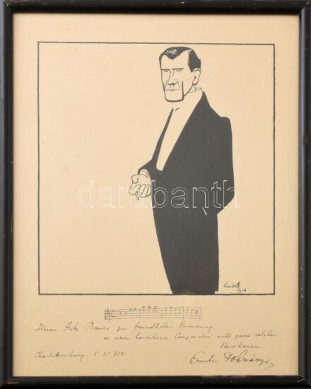 1914 Dohnányi Ernő (1877-1960) zeneszerző autográf dedikációja, Hans Lindloff (1878-1960): Dohnányi Ernőt ábrázoló grafikáján, dátumozva (Charlottenburg. 5. V. 1914), kissé kopott, üvegezett keretben, 43x34 cm