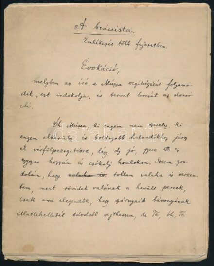 cca 1920-1940 Molnár Antal (1890-1983) zenetörténész, zeneszerző és zeneesztéta, brácsaművész "A brácsista. Emlékezés több fejezetben" c. írásának autográf kézirata, aláírás nélkül, 34 beírt oldal.