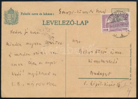 cca 1925-1926 Móra Ferenc (1879-1934) író, a szegedi Somogyi Könyvtár és Városi Múzeum igazgatójának autográf levele, autográf aláírással képeslapon: "Kedves jó Uram!" megszólítással. Bokor Dezső (1894-1963) a Vajna és Bokor kiadó vezetőjének részére. Mór