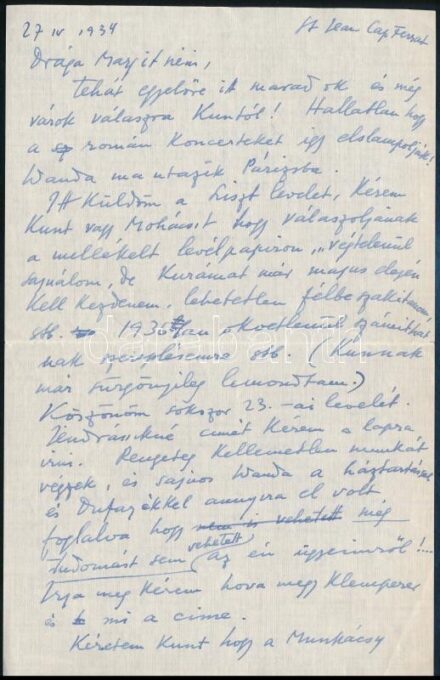 1934 Szigeti József (1892-1973) világhírű hegedűművész saját kézzel írt levele, saját kezű aláírásával, borítékkal, Oppenheim Henrikné Schmidl Margit részére, benne "... Itt küldöm a Liszt levelet, kérem Kunt vagy Mohácsit , hogy válaszoljanak a melléklet