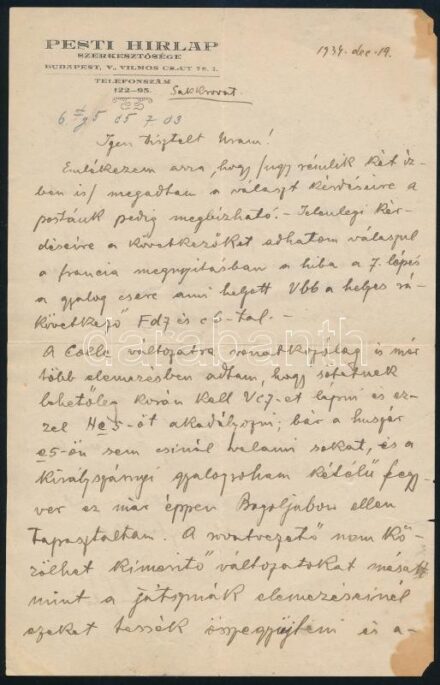 1934 Maróczy Géza legendás sakkozó saját kezű levele