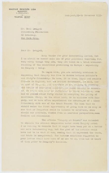 Herczeg Ferenc (1863-1954) író, szerkesztő, a Magyar Revíziós Liga elnökének gépelt levele, Lengyel Emil (1895-1985) magyar származású amerikai újságíró, író, történész, egyetemi tanár részére, 1935. nov. 19., angol nyelven. Az angol nyelvű, rendkívül