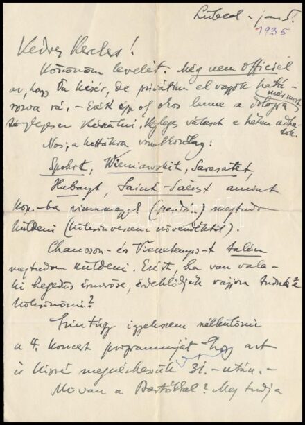1935 Lübeck, Telmányi Emil (1892-1988) hegedűművész autográf levele Kerekes János (1913-1996) zeneszerző részére, autográf aláírással. "Mi van a Bartókkal? Meg tudja kapni valahonnan? ... Tényleg van kotta Kissnél: épp a Bartók és talán még más, de nem tu