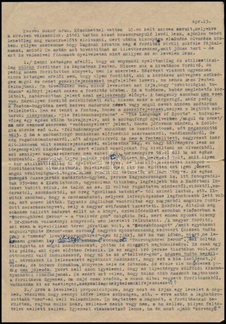 cca 1950-es évek közepe (1955-1956?) gróf Széchenyi Zsigmond (1898-1967) vadász, utazó, író autográf aláírással ellátott, gépelt levele Bokor Dezső (1894-1963) szerkesztő, kiadó részére fordítás ügyében. Kimerítő, 2 oldalas levélben hosszasan foglalkozik