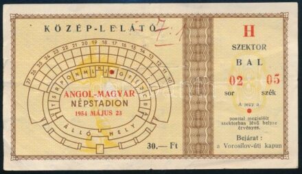 1954 Magyar-angol (7:1), az Aranycsapat labdarúgó mérkőzésének belépőjegye, 1954. május. 23., közép-lelátó, H szektor, hajtott, szakadással. / 1954 Hungary-England (7-1) match ticket
