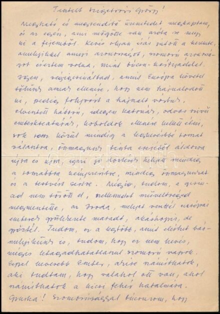 cca 1980 Makovecz Imre (1935-2011) építész autográf levele Szigetvári György (1926-2018) Ybl Miklós-díjas építészmérnöknek melyben Szigetvári építész kamarából való kilépése feletti sajnálkozását fejezi, azt történelmi keretbe ágyazva. Érdekes írás. 1,5 b