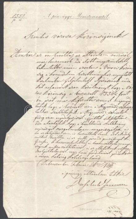 1849. február 26., Duschek Ferenc (1797-1873), az 1848/49-es forradalom és szabadságharc pénzügyminisztere (a Batthyány-kormány megalakulása után Kossuth, mint pénzügyminiszter államtitkári pozícióra hívta meg, azonban Kossuth egyéb elfoglaltságai miatt v